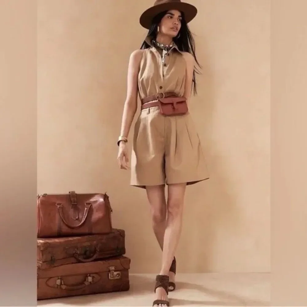 Banana Republic Safari Camp Romper Tan Linen Cotton Belted Women 4 Granola Girl